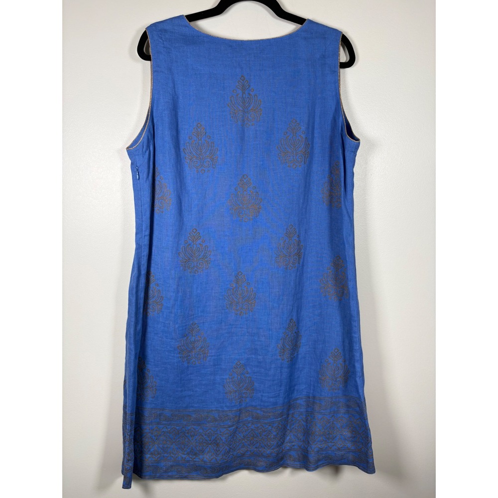 Soft Surroundings Blue Linen Gold Sequin Block Print Shift Dress L Coastal Boho - Picture 3 of 10
